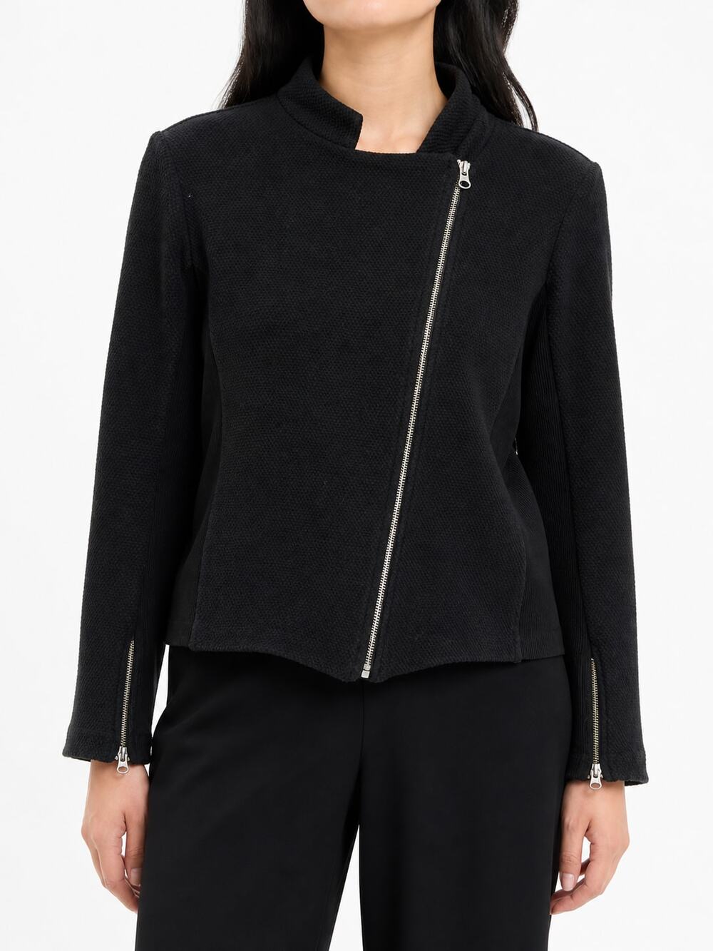 Eileen Fisher Petite Women's Black Textured Asymmetrical Zip Moto Jacket Size PM